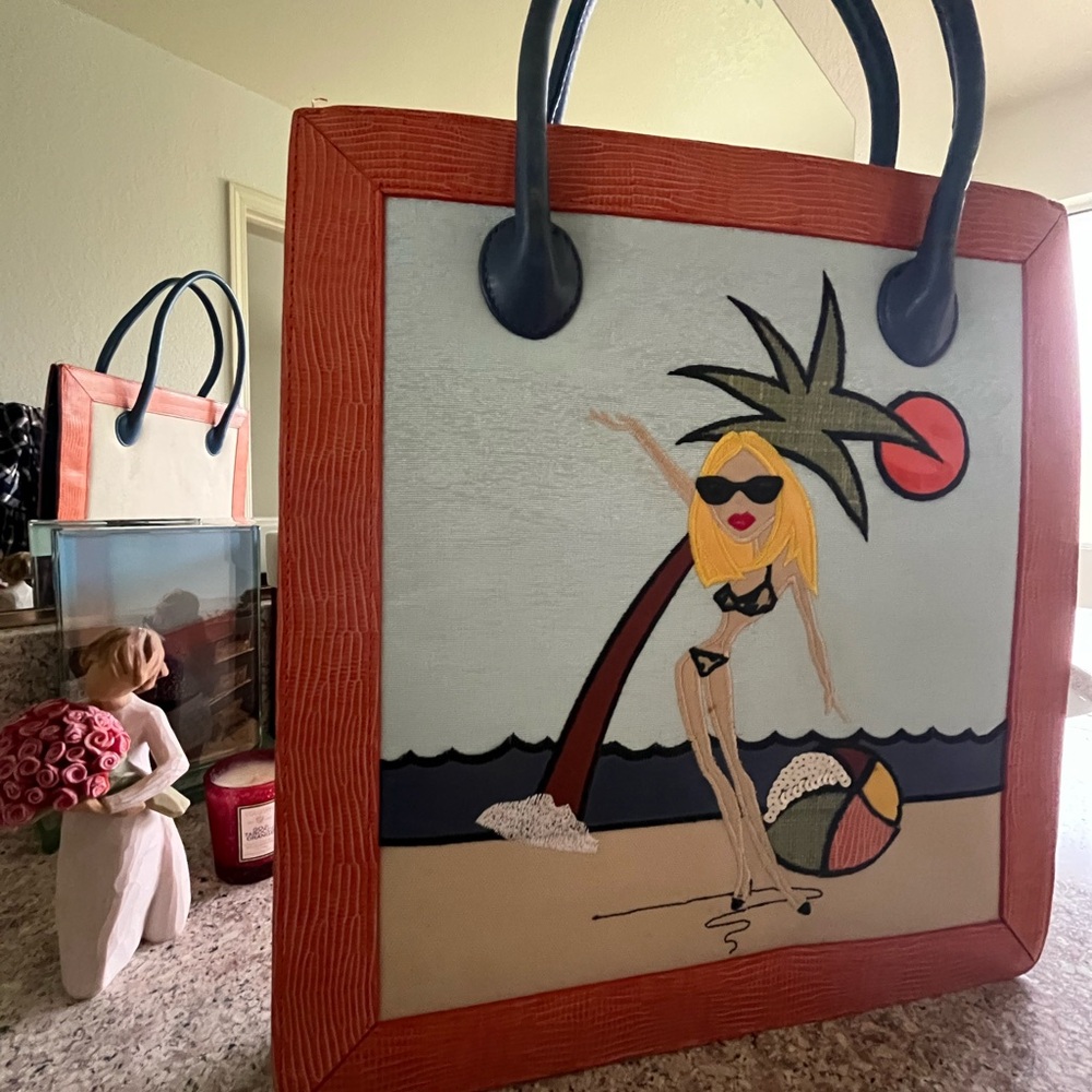 Nicole Miller Teal and Gold Logo Tote